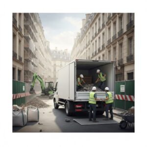 Travailleurs déchargeant un camion de chantier.